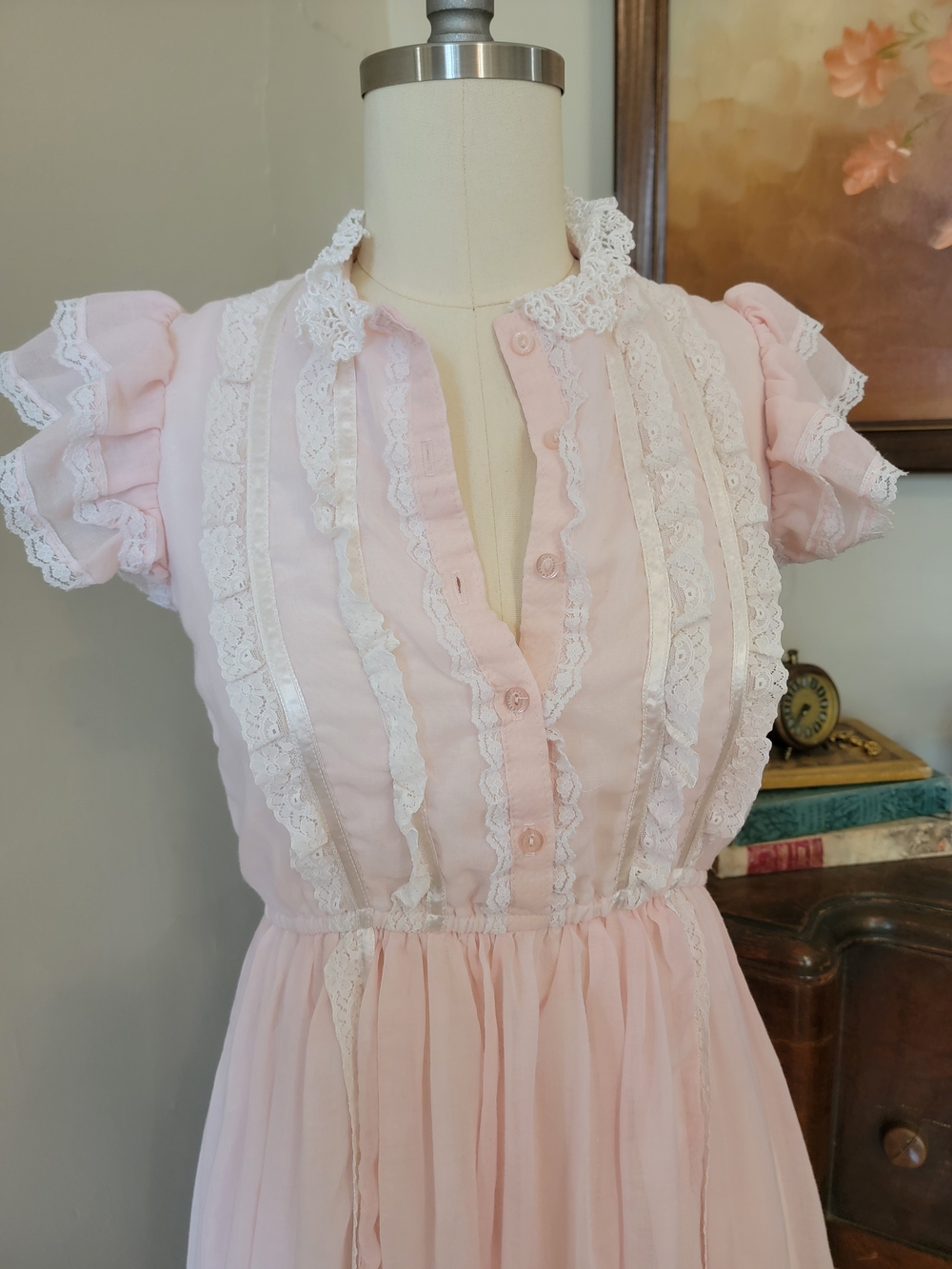 RARE Vintage Gunne Sax Jeunes Filles 1970s Pink Cotton Lace Short Dress S - Picture 2 of 7